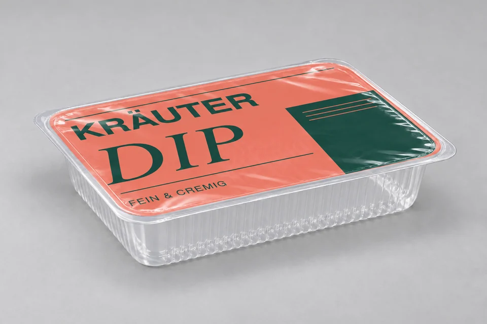 Leere gerippte klare Schale mit vollständig geschlossener, korallfarben und dunkelgrün bedruckter Siegelfolie KRÄUTER DIP.