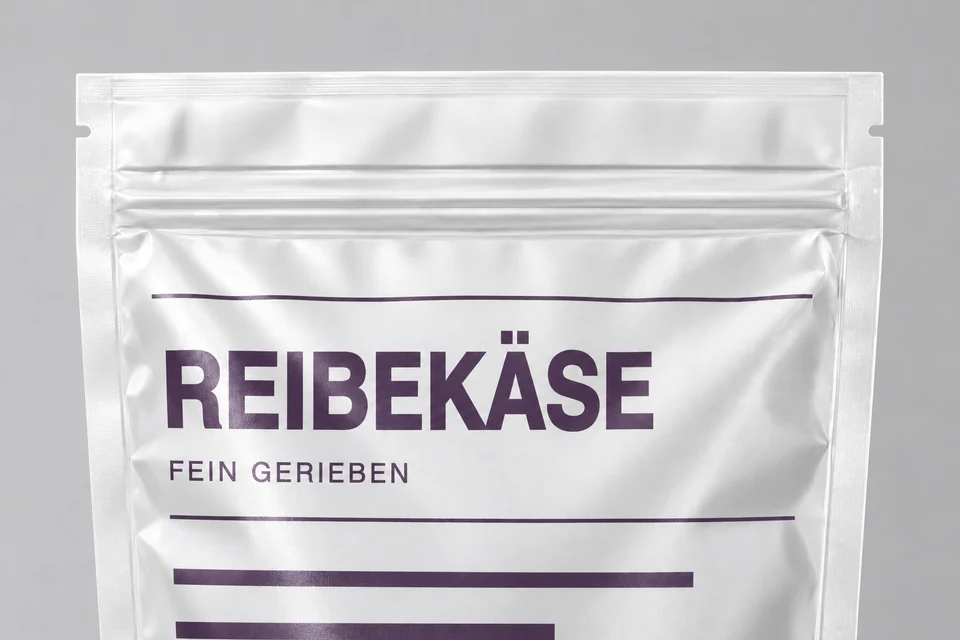 Geschlossener Standbeutel mit einfarbig violettem REIBEKÄSE-Druck, feinen Linien und abnehmenden Balken.