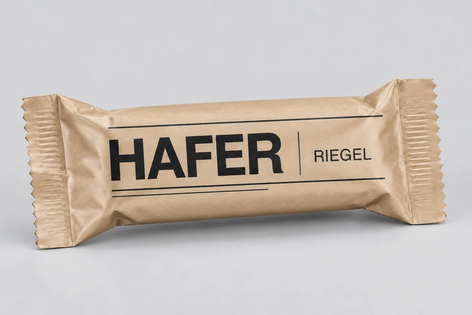 Naturbrauner Papier-Flowpack mit schwarzem HAFER-RIEGEL-Druck und zwei gecrimpten Enden.