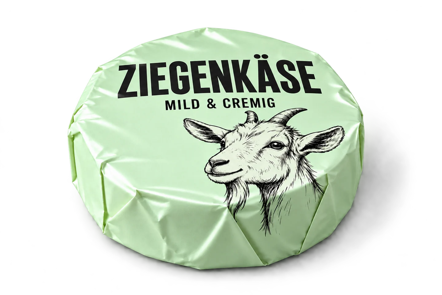 Mintfarbener Ziegenkäsewickler mit schwarzem Druck und Ziegenmotiv als Gestaltungsbeispiel.
