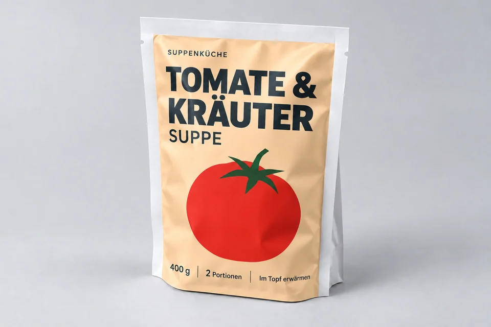 Standbeutel mit Tomate-und-Kräuter-Druck als Gestaltungsbeispiel.