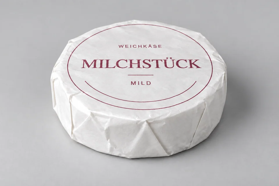 Niedriger runder weißer Wickler mit einer weinroten Druckfarbe: zwei feine Kreiszüge und klassische Typografie.